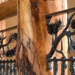 Log Post Top Rail with Metal Vertical Branches Pine Cones