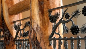 Log Post Top Rail with Metal Vertical Branches Pine Cones
