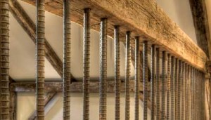 Vertical Rebar Baluster Rustic Wood Beam Railing